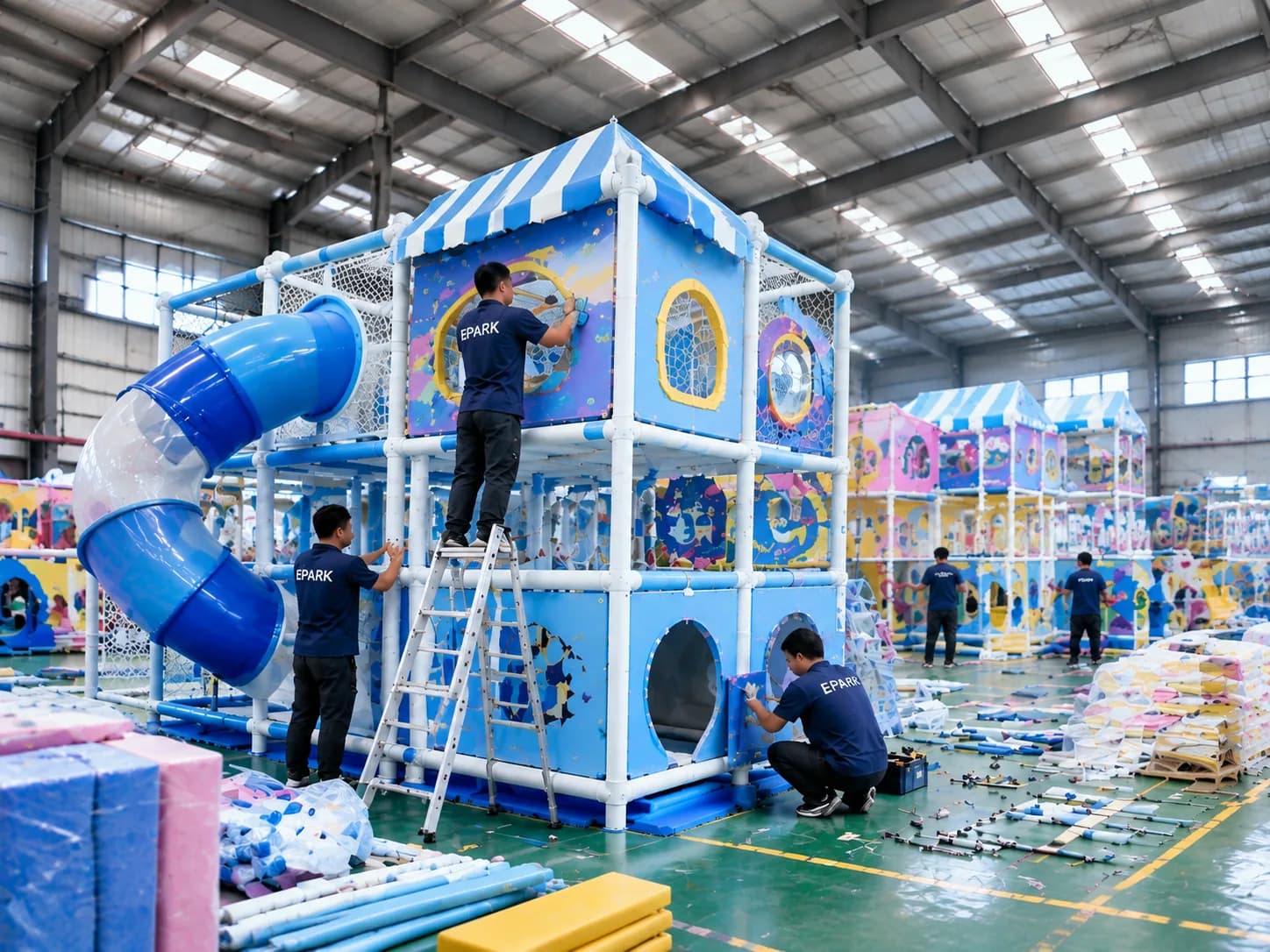EPARK team preparing and assembling indoor playground equipment before shipment