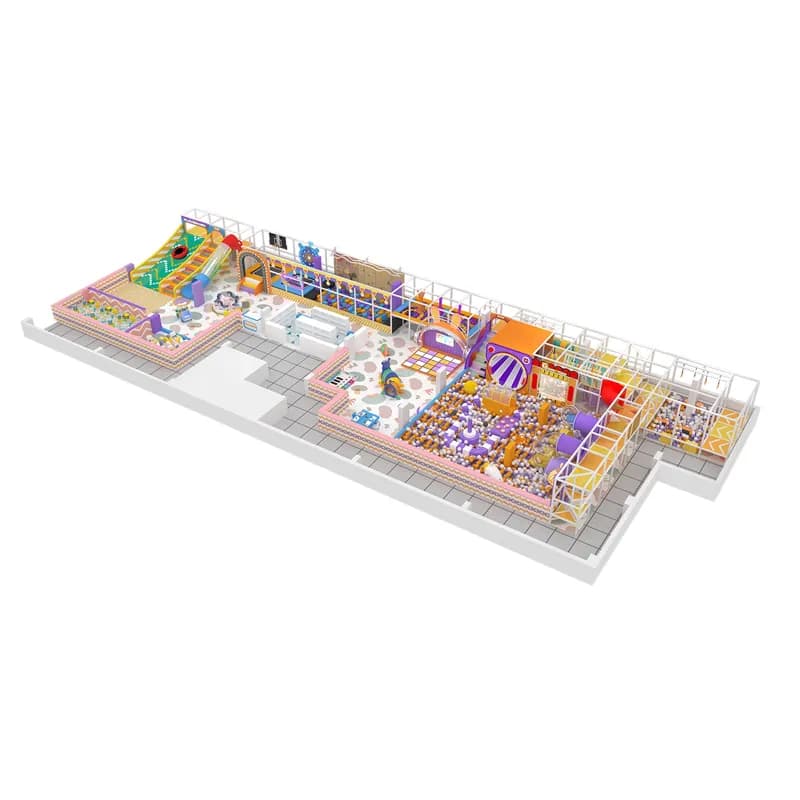 Angled overview render of a colorful indoor playground layout