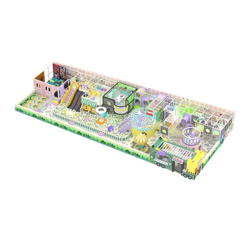 Pastel enclosed indoor play layout with low play structures