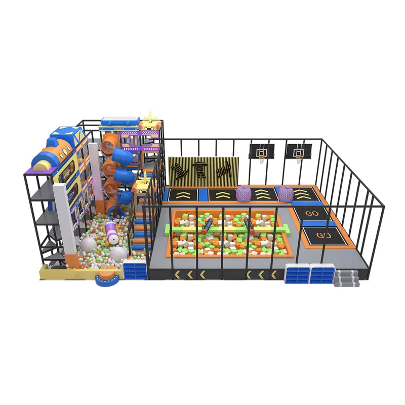 Indoor activity layout with slides and enclosed play areas