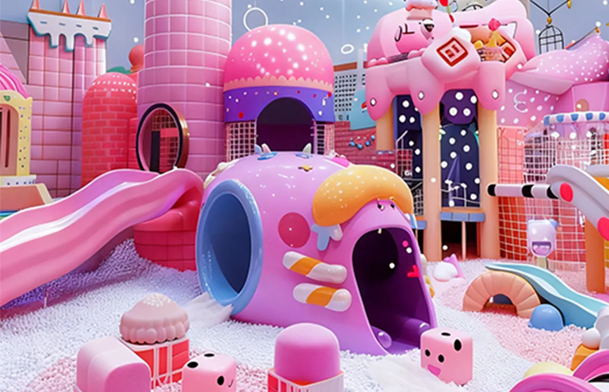 candy fantasy themed indoor playground design in pink pastel colors