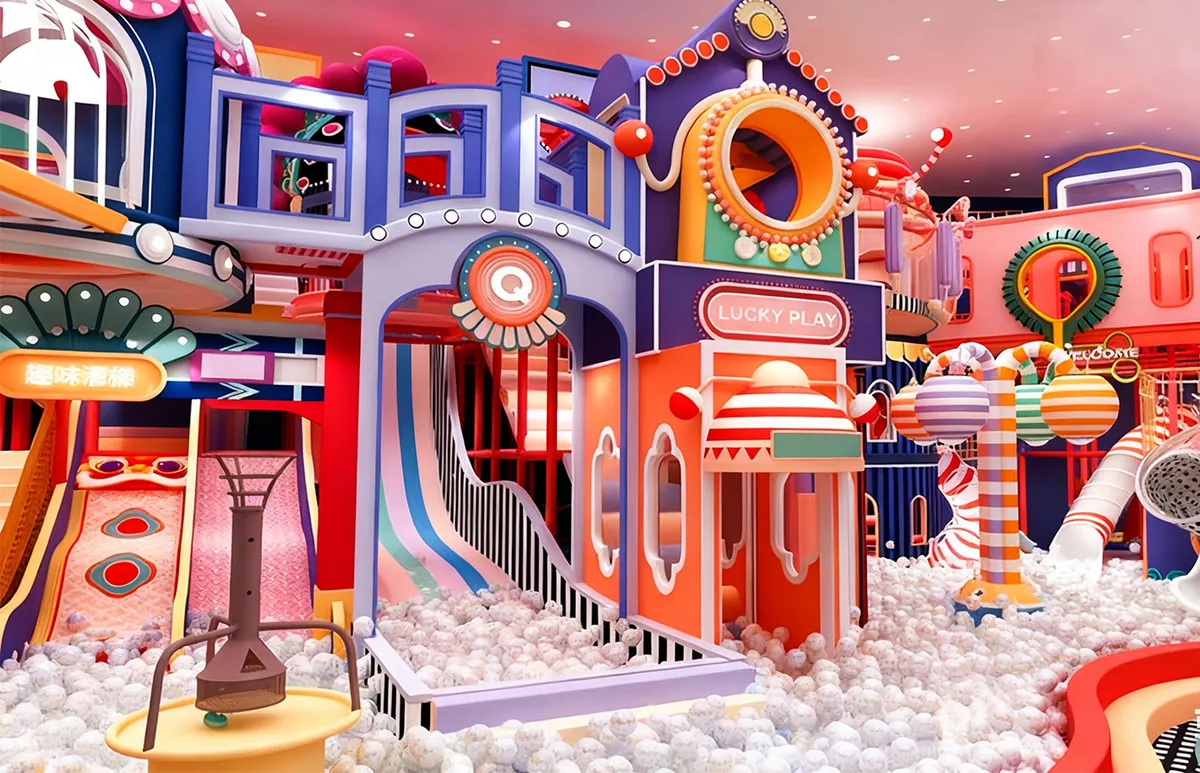 castle princess themed indoor playground with colorful play structures