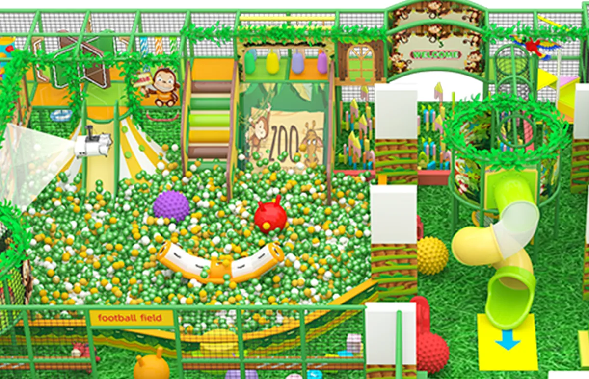 forest animal themed indoor playground with green ball pool and climbing areas