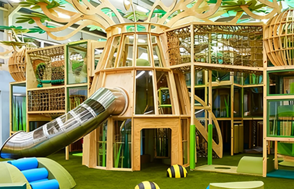 jungle themed indoor playground with wooden treehouse climbing structure