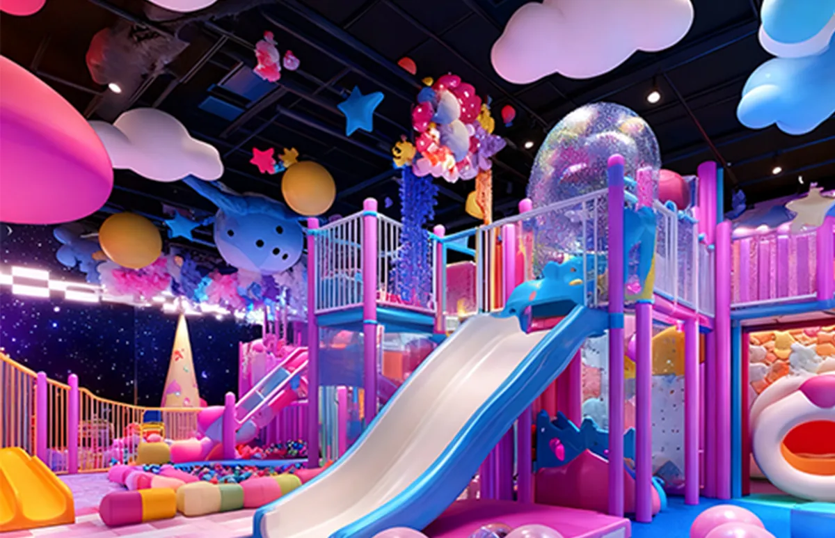 macaron themed indoor playground design with pink blue and pastel play equipment