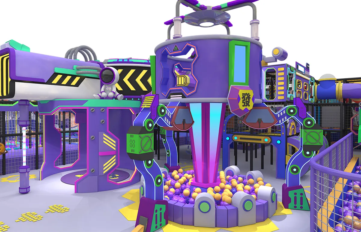space exploration themed indoor playground with futuristic purple play structures