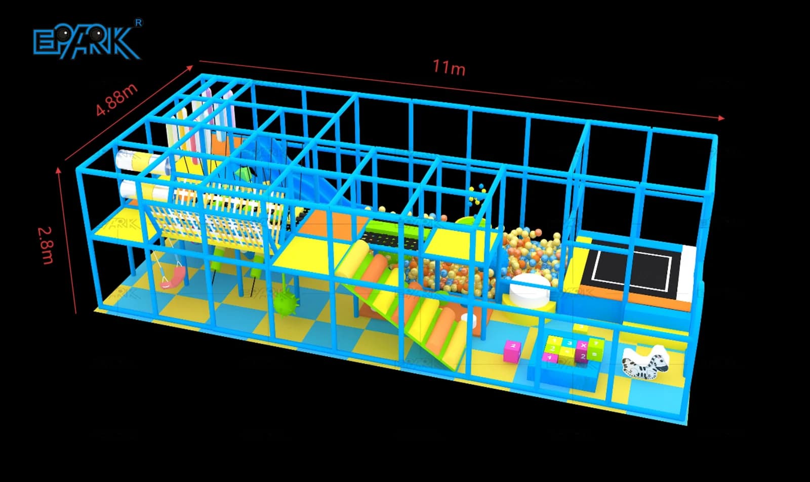 EPARK indoor playground installation and assembly drawing with overall 3D structure view