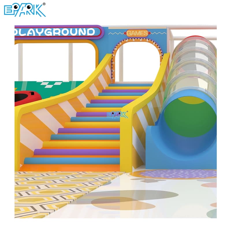 indoor playground stairs and transparent tube slide structure detail