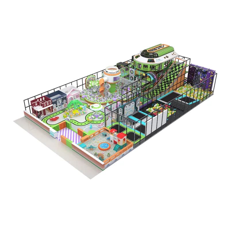 Indoor activity layout with slides and enclosed play areas
